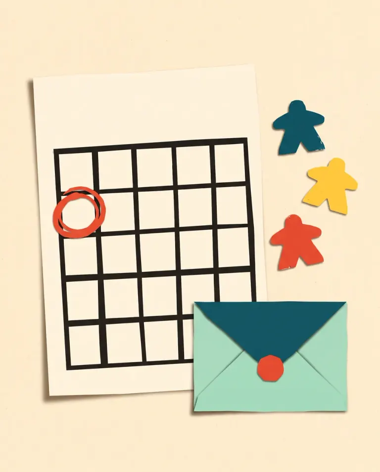 Cut paper collage: a calendar page with one day marked, small figures and an envelope