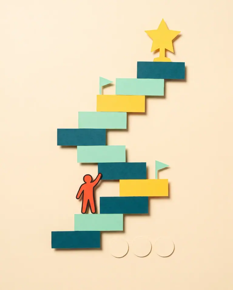 Papierschnitt: Eine kleine Figur klettert eine Treppe aus bunten Stufen hinauf, oben wartet ein goldener Stern