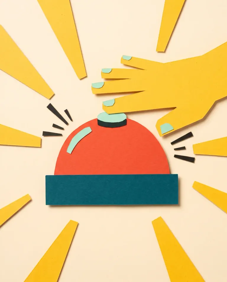 Cut paper collage: a hand slams a red buzzer