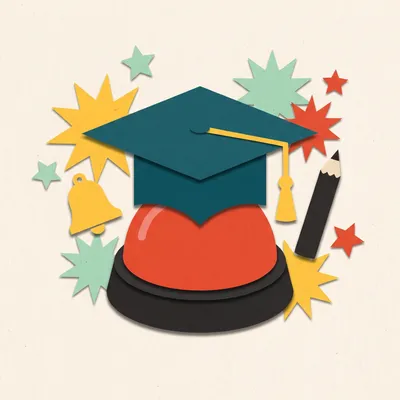 Example sticker in paper-cut style: a graduation cap on a red buzzer, with stars, a bell and a pencil