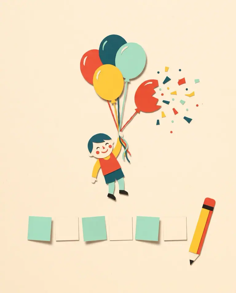 Papierschnitt: Ein Kind schwebt an bunten Ballons, einer platzt, darunter leere Buchstabenfelder und ein Bleistift