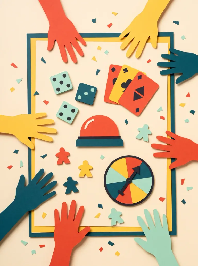 Paper cut: a game table from above with dice, cards, a buzzer and hands