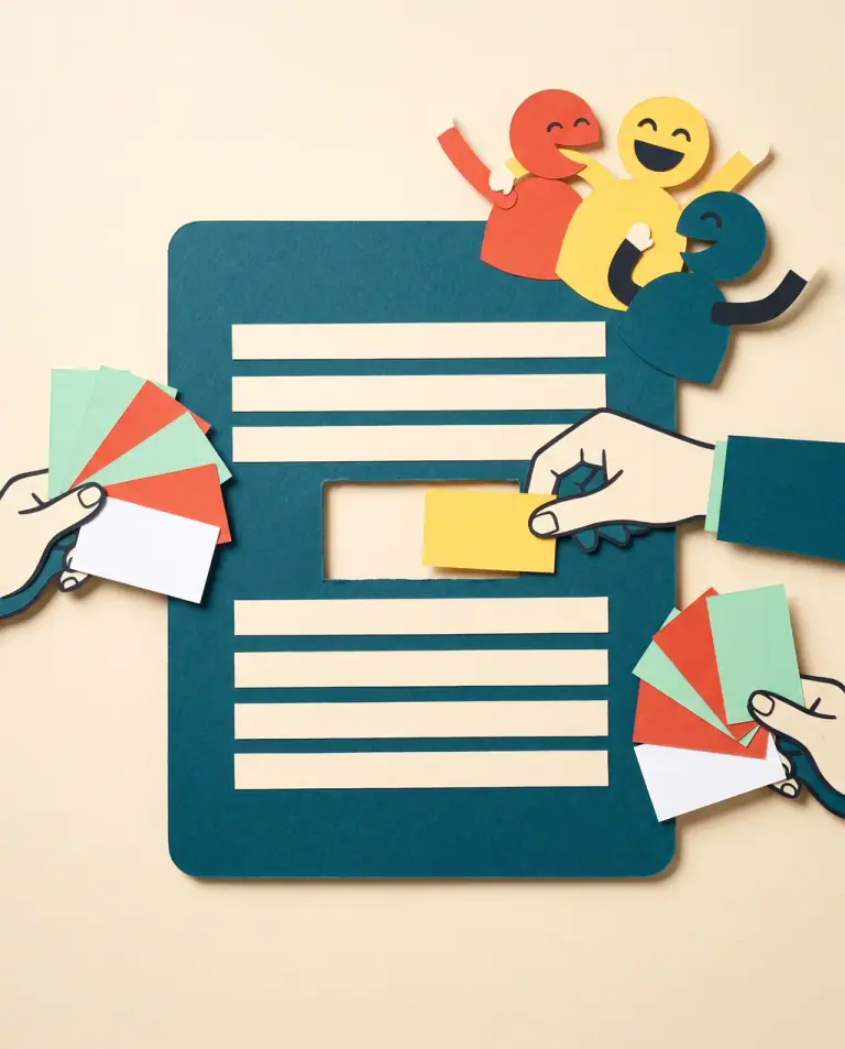 Papierschnitt: Ein Blatt mit Textzeilen und einer Lücke, Hände halten Kartenfächer und legen eine gelbe Karte hinein, oben lachen drei Figuren