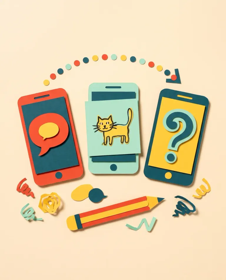 Cut paper: three phones showing a speech bubble, a drawn cat and a question mark, with a pencil below
