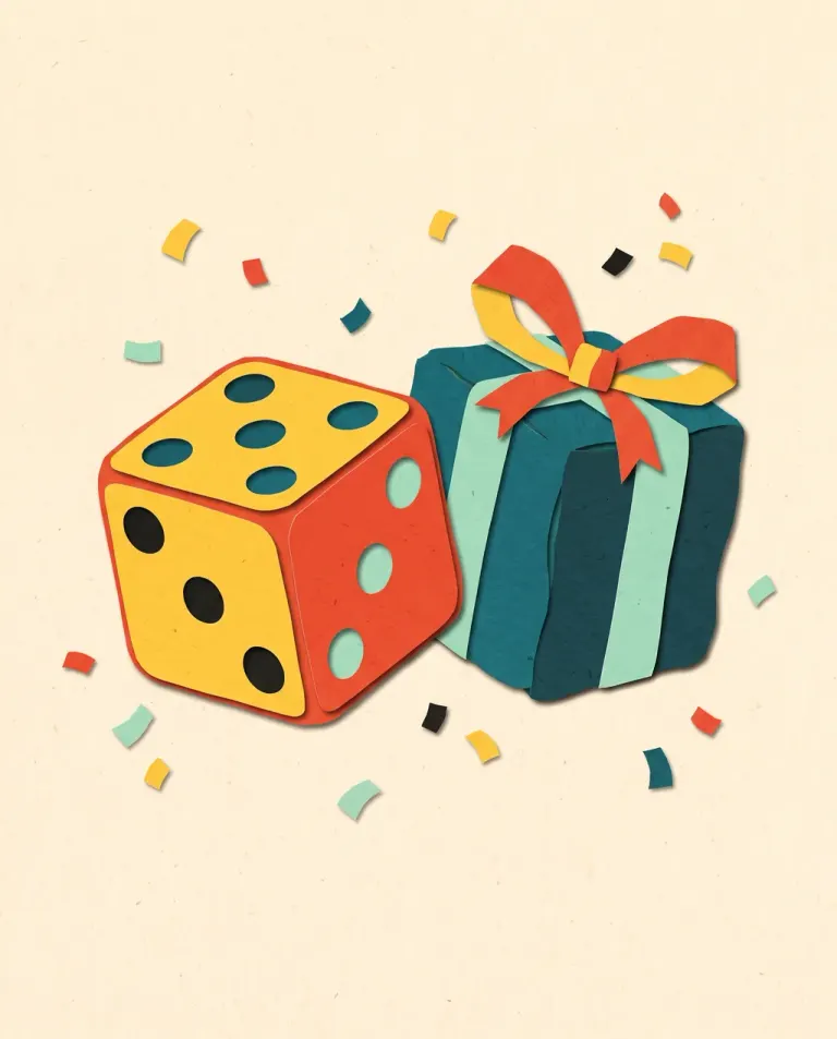 Cut paper collage: a big die next to a lopsided wrapped gift