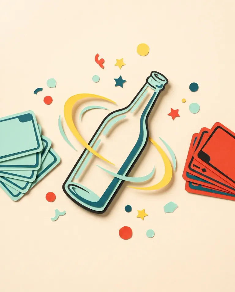 Papierschnitt: Eine Flasche dreht sich zwischen zwei Kartenstapeln