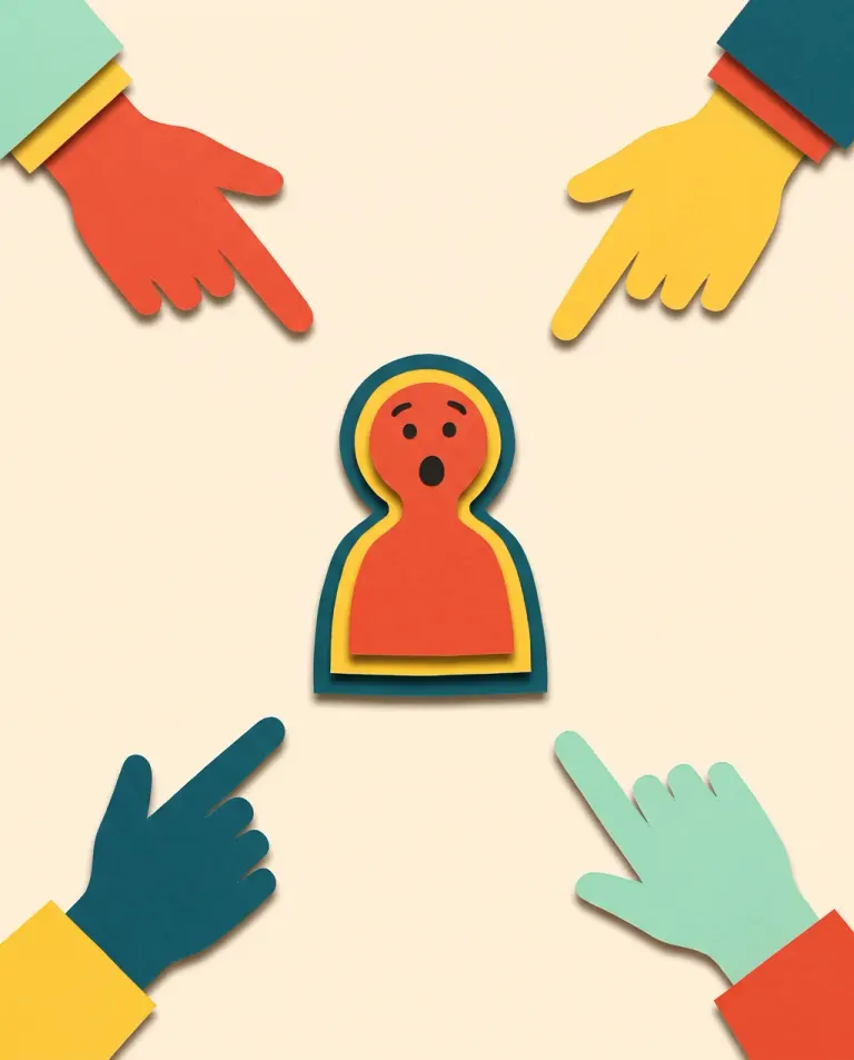 Cut paper collage: four hands point at one figure