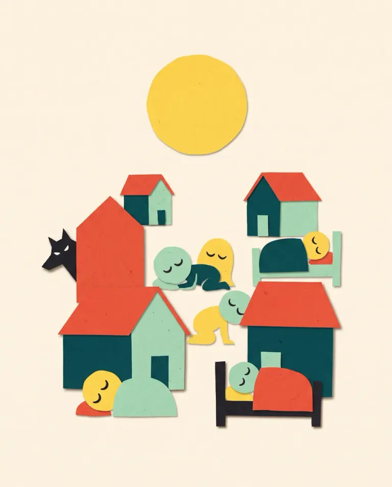 Cut paper collage: a sleeping village under a yellow moon, a wolf peeks out from behind a house